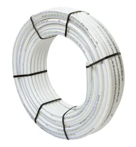VÄRMERÖR 25X2,3 MM L=300 M RING MED DIFFUSIONSSPÄRR VIT MED TVÅ BLÅ RÄNDER COMFORT PIPE PLUS UPONOR