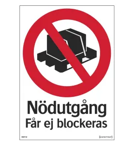 SKYLT NÖDUTGÅNG FÅR EJ BLOCKERAS 210X297 MM