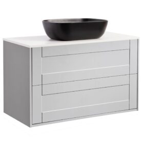 KOMMOD GABRIELLA 90 GRÅ MED VIT BÄNKSKIVA OCH REKTANGULÄRT SVART MATT TVÄTTSTÄLL 46X33 CM