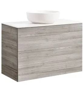 KOMMOD ISELLA 90 SAND MED VIT BÄNKSKIVA OCH RUNT VIT MATT TVÄTTSTÄLL 42CM