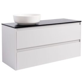 KOMMOD ISELLA 120 GRÅ MED SVART BÄNKSKIVA OCH RUNT VIT MATT TVÄTTSTÄLL 42CM