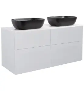 KOMMOD ISELLA 120 GRÅ MED VIT BÄNKSKIVA OCH 2 STK REKTANGULÄRT SVART MATT TVÄTTSTÄLL 46X33 CM