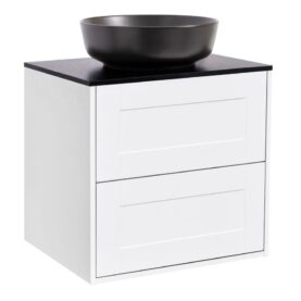 KOMMOD GABRIELLA 60 VIT MATT MED SVART BÄNKSKIVA OCH RUNT SVART MATT TVÄTTSTÄLL 42CM