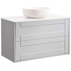 KOMMOD GABRIELLA 90 GRÅ MED VIT BÄNKSKIVA OCH RUNT VIT MATT TVÄTTSTÄLL 42CM