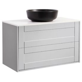 KOMMOD GABRIELLA 90 GRÅ MED VIT BÄNKSKIVA OCH RUNT SVART MATT TVÄTTSTÄLL 42CM