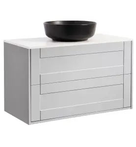 KOMMOD GABRIELLA 90 GRÅ MED VIT BÄNKSKIVA OCH RUNT SVART MATT TVÄTTSTÄLL 42CM