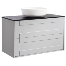 KOMMOD GABRIELLA 90 GRÅ MED SVART BÄNKSKIVA OCH RUNT VIT MATT TVÄTTSTÄLL 42CM