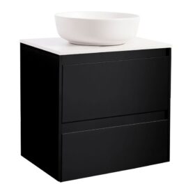 KOMMOD LUXOR 60 SVART MED VIT BÄNKSKIVA OCH RUNT VIT MATT TVÄTTSTÄLL 42CM