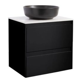 KOMMOD LUXOR 60 SVART MED VIT BÄNKSKIVA OCH RUNT SVART MATT TVÄTTSTÄLL 42CM