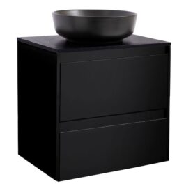 KOMMOD LUXOR 60 SVART MED SVART BÄNKSKIVA OCH RUNT SVART MATT TVÄTTSTÄLL 42CM