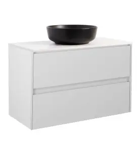 KOMMOD LUXOR 90 GRÅ MED VIT BÄNKSKIVA OCH RUNT SVART MATT TVÄTTSTÄLL 42CM