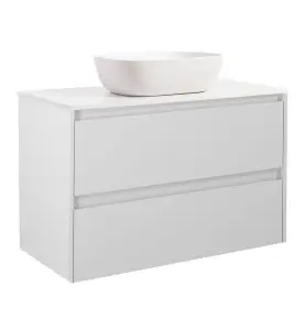 KOMMOD LUXOR 90 GRÅ MED SVART BÄNKSKIVA OCH REKTANGULÄRT VIT MATT TVÄTTSTÄLL 46X33 CM