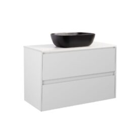 KOMMOD LUXOR 90 GRÅ MED VIT BÄNKSKIVA OCH REKTANGULÄRT SVART MATT TVÄTTSTÄLL 46X33 CM