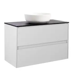 KOMMOD LUXOR 90 GRÅ MED SVART BÄNKSKIVA OCH RUNT VIT MATT TVÄTTSTÄLL 42CM