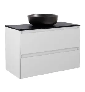 KOMMOD LUXOR 90 GRÅ MED SVART BÄNKSKIVA OCH RUNT SVART MATT TVÄTTSTÄLL 42CM