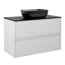 KOMMOD LUXOR 90 GRÅ MED SVART BÄNKSKIVA OCH REKTANGULÄRT SVART MATT TVÄTTSTÄLL 46X33 CM