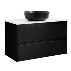 KOMMOD LUXOR 90 SVART MED VIT BÄNKSKIVA OCH RUNT SVART MATT TVÄTTSTÄLL 42CM