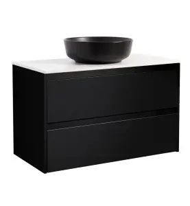 KOMMOD LUXOR 90 SVART MED VIT BÄNKSKIVA OCH RUNT SVART MATT TVÄTTSTÄLL 42CM