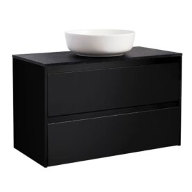 KOMMOD LUXOR 90 SVART MED SVART BÄNKSKIVA OCH RUNT VIT MATT TVÄTTSTÄLL 42CM