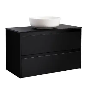 KOMMOD LUXOR 90 SVART MED SVART BÄNKSKIVA OCH RUNT VIT MATT TVÄTTSTÄLL 42CM