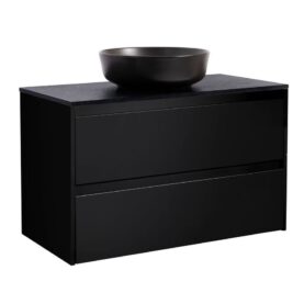 KOMMOD LUXOR 90 SVART MED SVART BÄNKSKIVA OCH RUNT SVART MATT TVÄTTSTÄLL 42CM