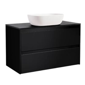 KOMMOD LUXOR 90 SVART MED SVART BÄNKSKIVA OCH REKTANGULÄRT VIT MATT TVÄTTSTÄLL 46X33 CM