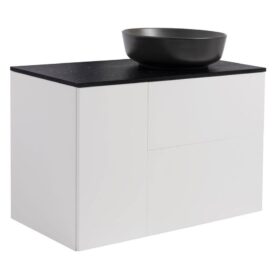 KOMMOD ISELLA 90 VITMATT (60KOMMOD+30USKÅP TVKORG) SVART BÄNKSKIVA O RUNT SVARTMATT TVÄTTSTÄLL 42