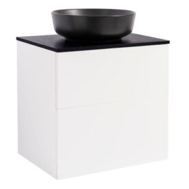 KOMMOD ISELLA 60 VIT HÖGBLANK MED SVART BÄNKSKIVA OCH RUNT SVART MATT TVÄTTSTÄLL 42CM