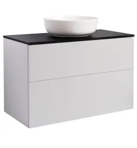 KOMMOD ISELLA 90 GRÅ MED SVART BÄNKSKIVA OCH RUNT VIT MATT TVÄTTSTÄLL 42CM