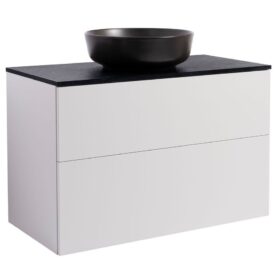 KOMMOD ISELLA 90 GRÅ MED SVART BÄNKSKIVA OCH RUNT SVART MATT TVÄTTSTÄLL 42CM