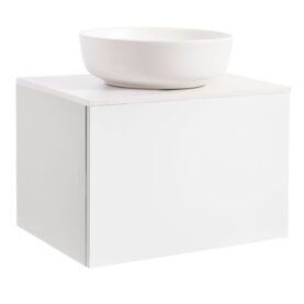 KOMMOD ELLA 60 VIT HÖGBLANK MED VIT BÄNKSKIVA OCH RUNT VIT MATT TVÄTTSTÄLL 42CM