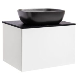 KOMMOD ELLA 60 VIT HÖGBLANK MED SVART BÄNKSKIVA OCH REKTANGULÄRT SVART MATT TVÄTTSTÄLL 46X33 CM