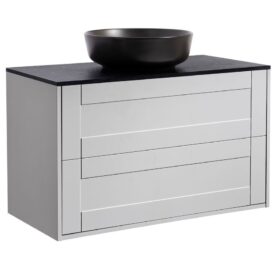 KOMMOD GABRIELLA 90 GRÅ MED SVART BÄNKSKIVA OCH RUNT SVART MATT TVÄTTSTÄLL 42CM