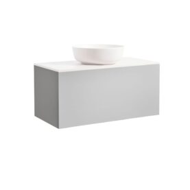 KOMMOD ELLA 90 GRÅ MED VIT BÄNKSKIVA OCH RUNT VIT MATT TVÄTTSTÄLL 42CM