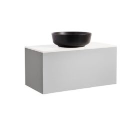 KOMMOD ELLA 90 GRÅ MED VIT BÄNKSKIVA OCH RUNT SVART MATT TVÄTTSTÄLL 42CM