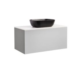 KOMMOD ELLA 90 GRÅ MED VIT BÄNKSKIVA OCH REKTANGULÄRT SVART MATT TVÄTTSTÄLL 46X33 CM