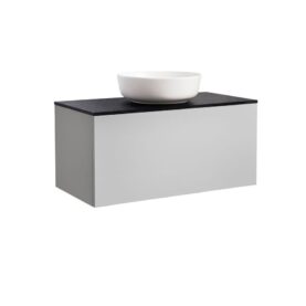 KOMMOD ELLA 90 GRÅ MED SVART BÄNKSKIVA OCH RUNT VIT MATT TVÄTTSTÄLL 42CM