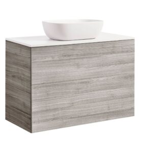 KOMMOD ISELLA 90 SAND MED VIT BÄNKSKIVA OCH REKTANGULÄRT VIT MATT TVÄTTSTÄLL 46X33 CM