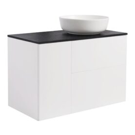 KOMMOD ISELLA 90 VIT HB (60KOMMOD+30USKÅP M TVÄTTKORG) SVART BÄNKSKIVA O RUNT VITMATT TVÄTTSTÄLL 42