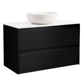 KOMMOD LUXOR 90 SVART MED VIT BÄNKSKIVA OCH RUNT VIT MATT TVÄTTSTÄLL 42CM