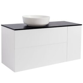 KOMMOD ISELLA 120 VIT HB (90 KOMMOD + 30 USKÅP TVKORG) SVART BÄNKSKIVA O RUNT VITMATT TVÄTTSTÄLL 42