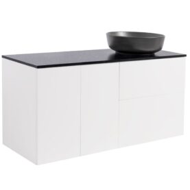 KOMMOD ISELLA 120 VIT HB (60KOMMOD+30USKÅP TVKORG) SVART BÄNKSKIVA O RUNT SVARTMATT TVÄTTSTÄLL 42