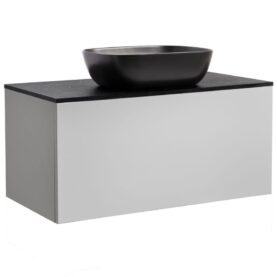 KOMMOD ELLA 90 GRÅ MED SVART BÄNKSKIVA OCH REKTANGULÄRT SVART MATT TVÄTTSTÄLL 46X33 CM