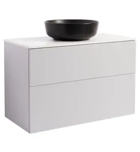 KOMMOD ISELLA 90 GRÅ MED VIT BÄNKSKIVA OCH RUNT SVART MATT TVÄTTSTÄLL 42CM