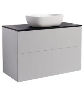 KOMMOD ISELLA 90 GRÅ MED SVART BÄNKSKIVA OCH REKTANGULÄRT VIT MATT TVÄTTSTÄLL 46X33 CM