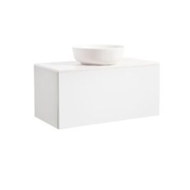 KOMMOD ELLA 90 VIT HÖGBLANK MED VIT BÄNKSKIVA OCH RUNT VIT MATT TVÄTTSTÄLL 42CM