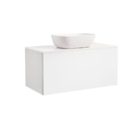 KOMMOD ELLA 90 VIT HÖGBLANK MED VIT BÄNKSKIVA OCH REKTANGULÄRT VIT MATT TVÄTTSTÄLL 46X33 CM