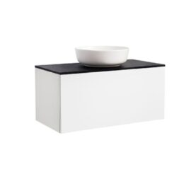 KOMMOD ELLA 90 VIT HÖGBLANK MED SVART BÄNKSKIVA OCH RUNT VIT MATT TVÄTTSTÄLL 42CM