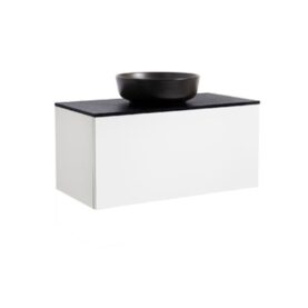 KOMMOD ELLA 90 VIT HÖGBLANK MED SVART BÄNKSKIVA OCH RUNT SVART MATT TVÄTTSTÄLL 42CM