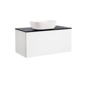 KOMMOD ELLA 90 VIT HÖGBLANK MED SVART BÄNKSKIVA OCH REKTANGULÄRT VIT MATT TVÄTTSTÄLL 46X33 CM